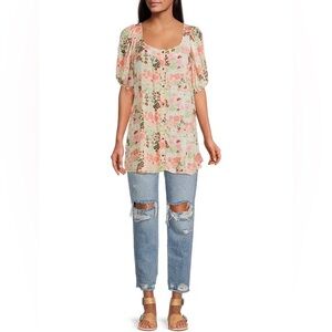 Free People Callie Button Front Puff Sleeve Printed Tunic Mini Dress - Small